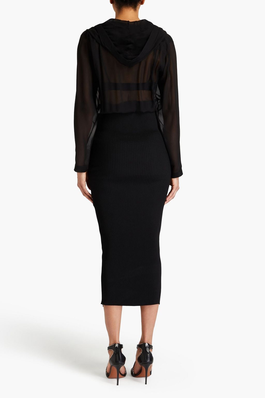ALAÏA Wrap-effect silk-georgette and ribbed-knit midi dress