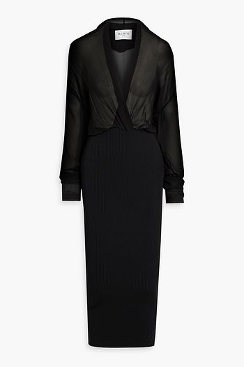 ALAÏA فستان متوسط الطول بنسيج محبوك مضلّع من الحرير والجورجيت بتصميم ملفوف