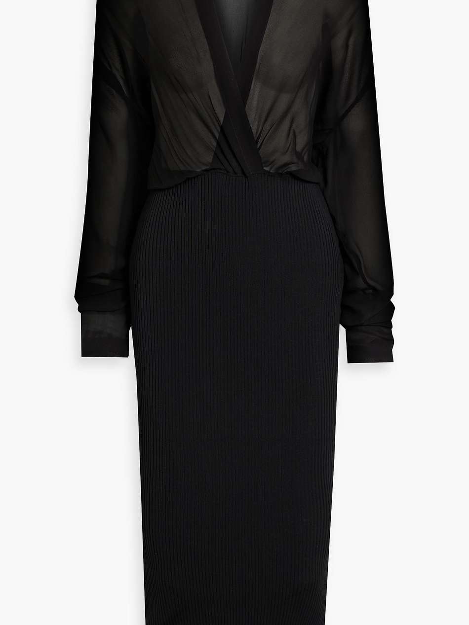 wrap-effect silk-georgette and ribbed-knit midi dress