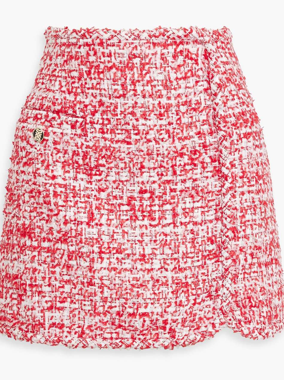wrap-effect metallic tweed mini skirt