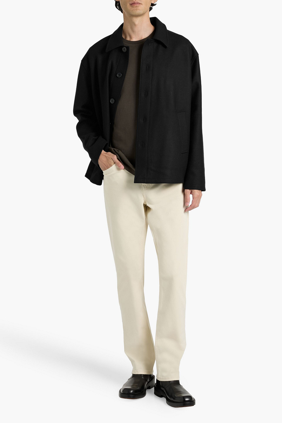 Frame Textured Wool Overshirt Jacket In Black