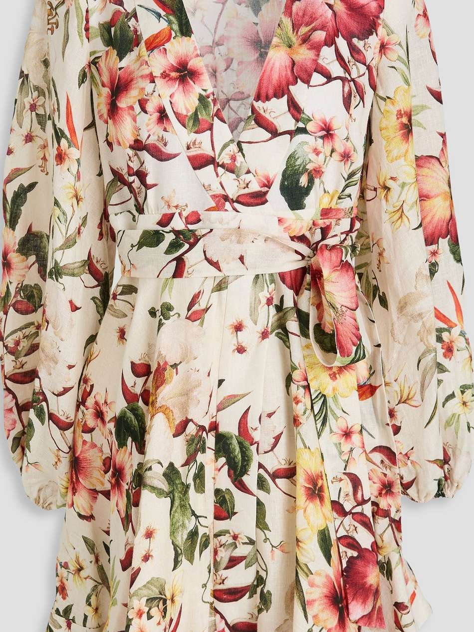 floral-print linen mini wrap dress