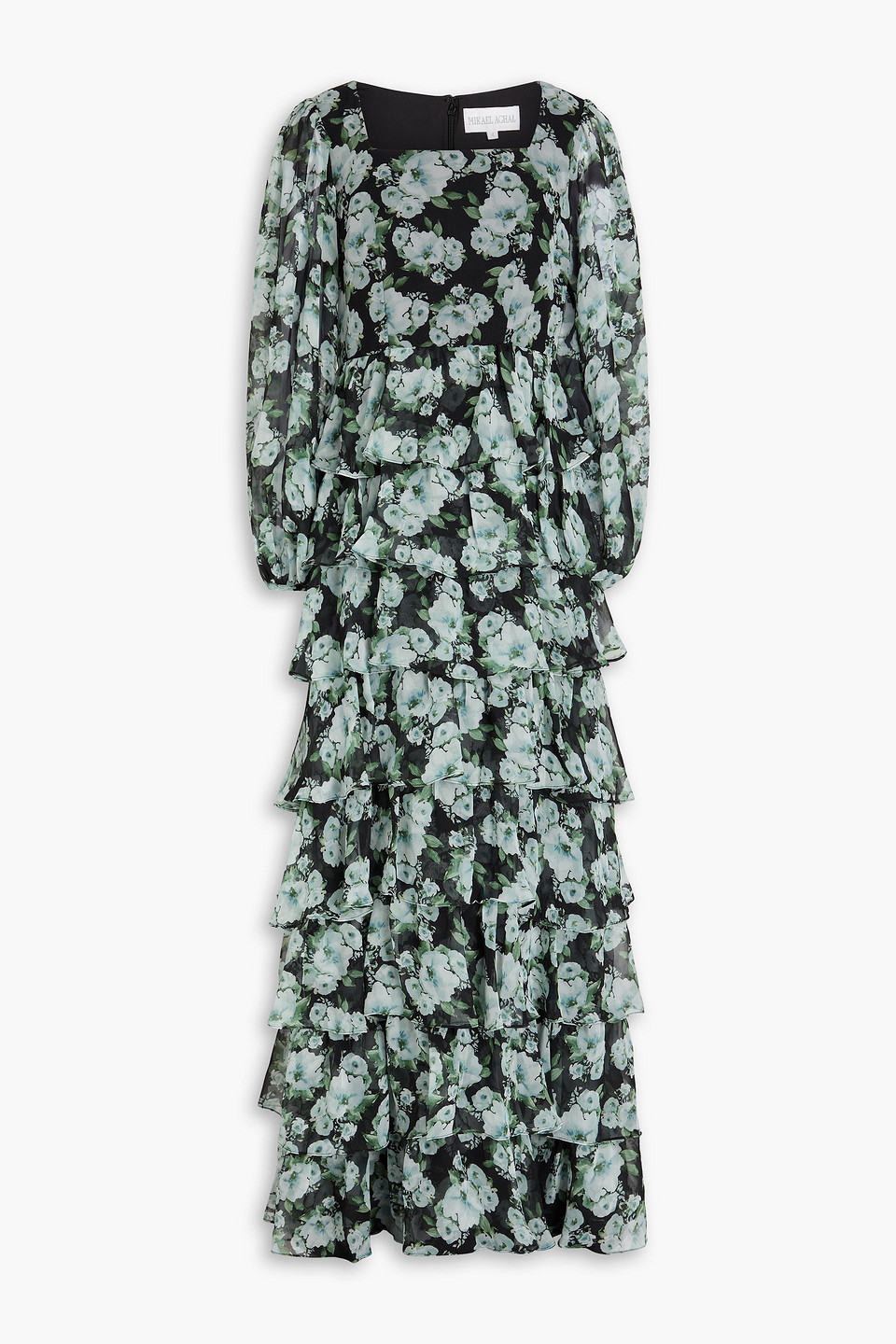 Mikael Aghal Tiered Floral-print Chiffon Maxi Dress In Sky Blue