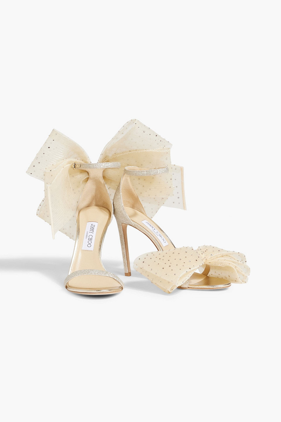 Jimmy Choo Aveline 100 Bow-detailed Glittered Woven Sandals In Platinum