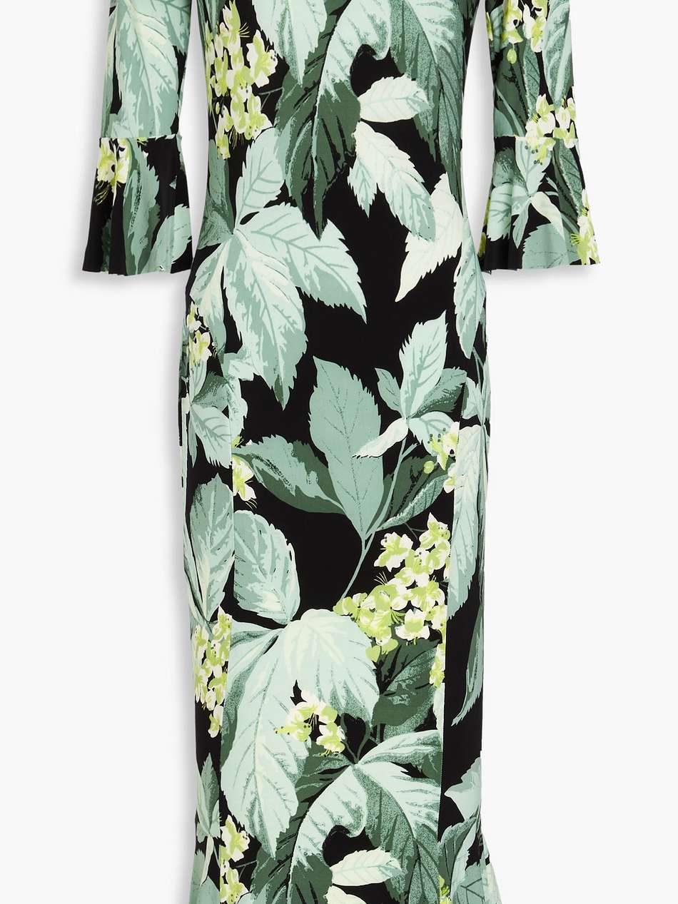 off-the-shoulder ruffled floral-print jersey midi dress