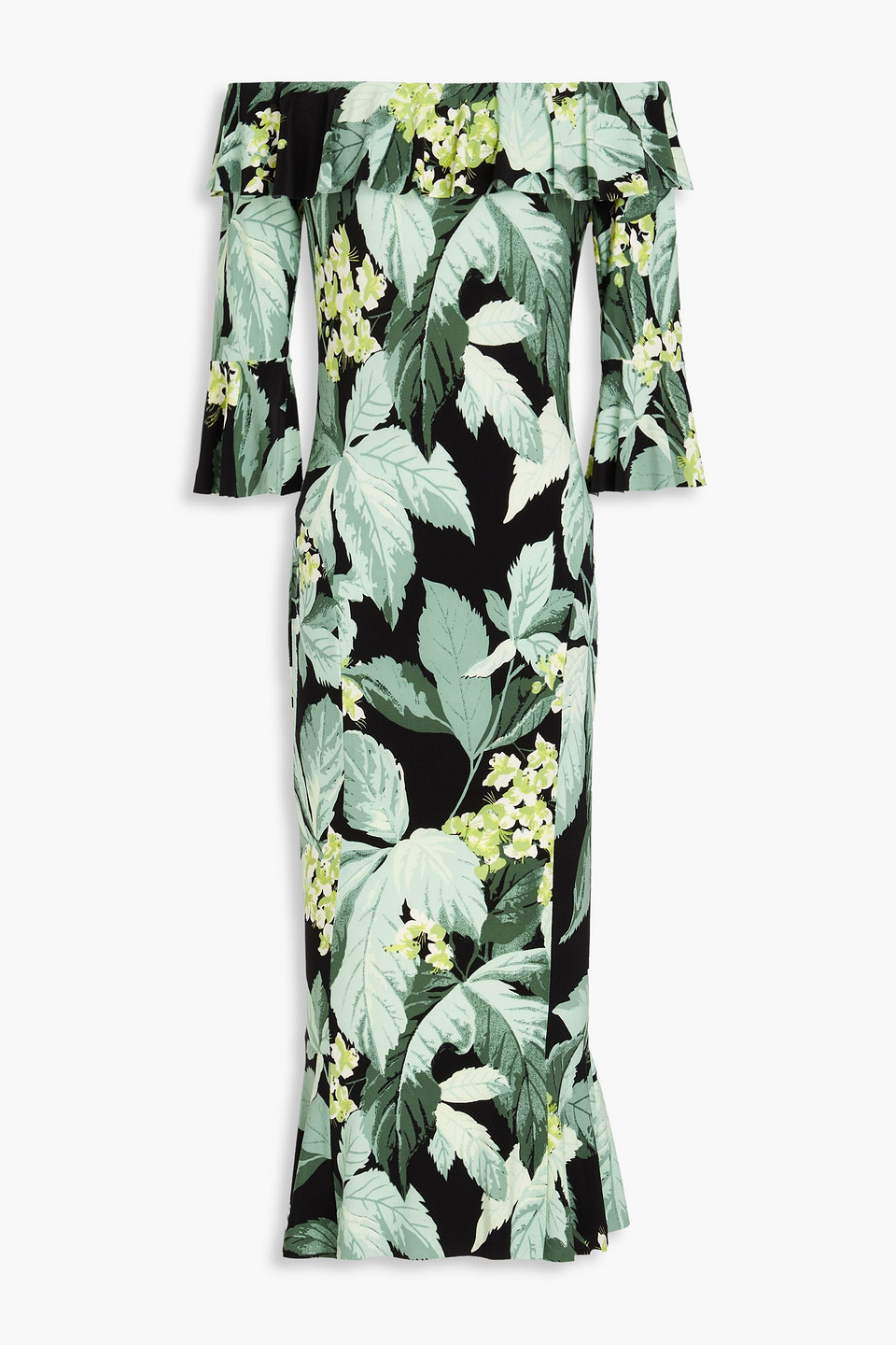 Omo By Norma Kamali Off-the-shoulder Ruffled Floral-print Jersey Midi Dress In Sage Green