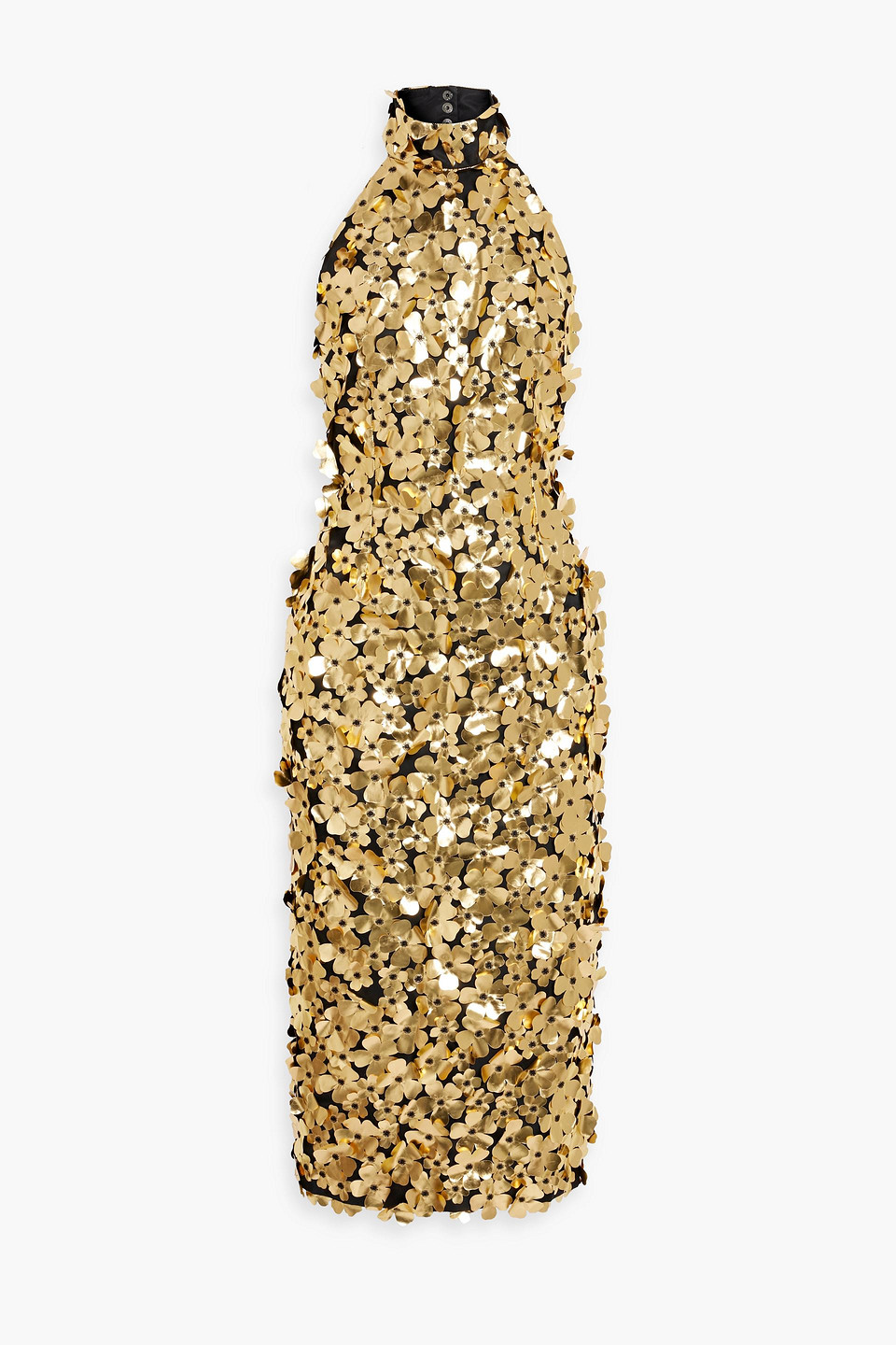 Stine Goya Mollie Metallic Appliquéd Twill Halterneck Midi Dress In Gold