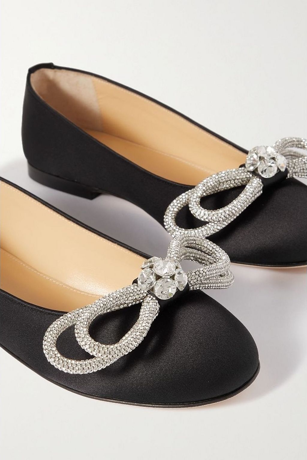 MACH & MACH Double Bow Glitter crystal-embellished satin ballet flats