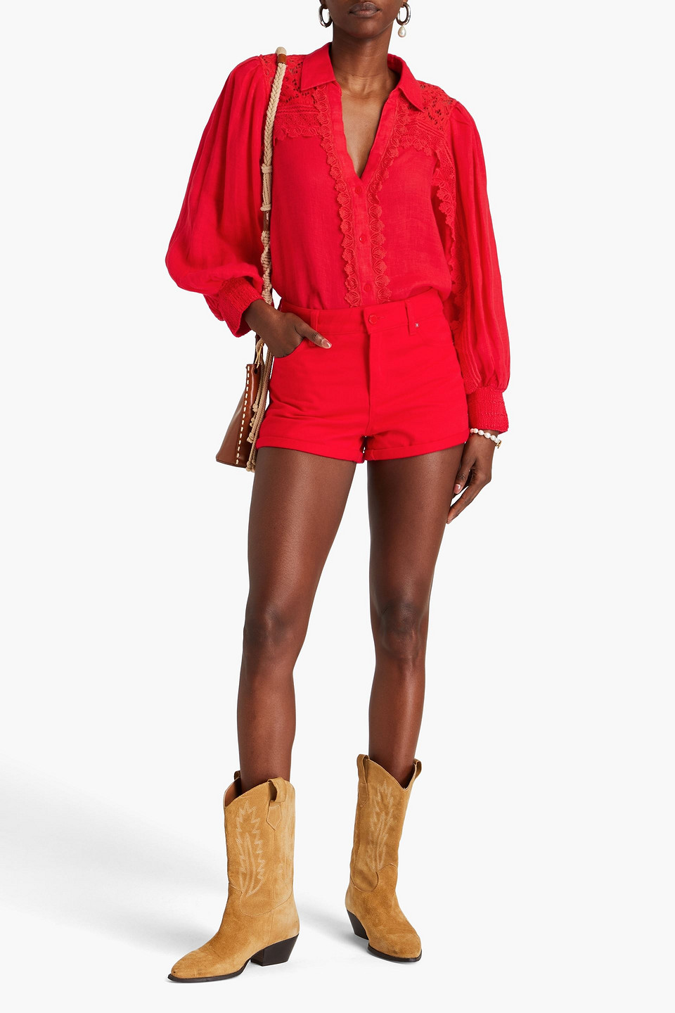 Alice And Olivia Lace-trimmed Linen Shirt In Red