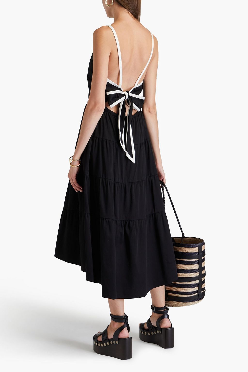 ALICE + OLIVIA فستان متوسط الطول من قطن ونسيج مطاط بطبقات متدرجة بلونين