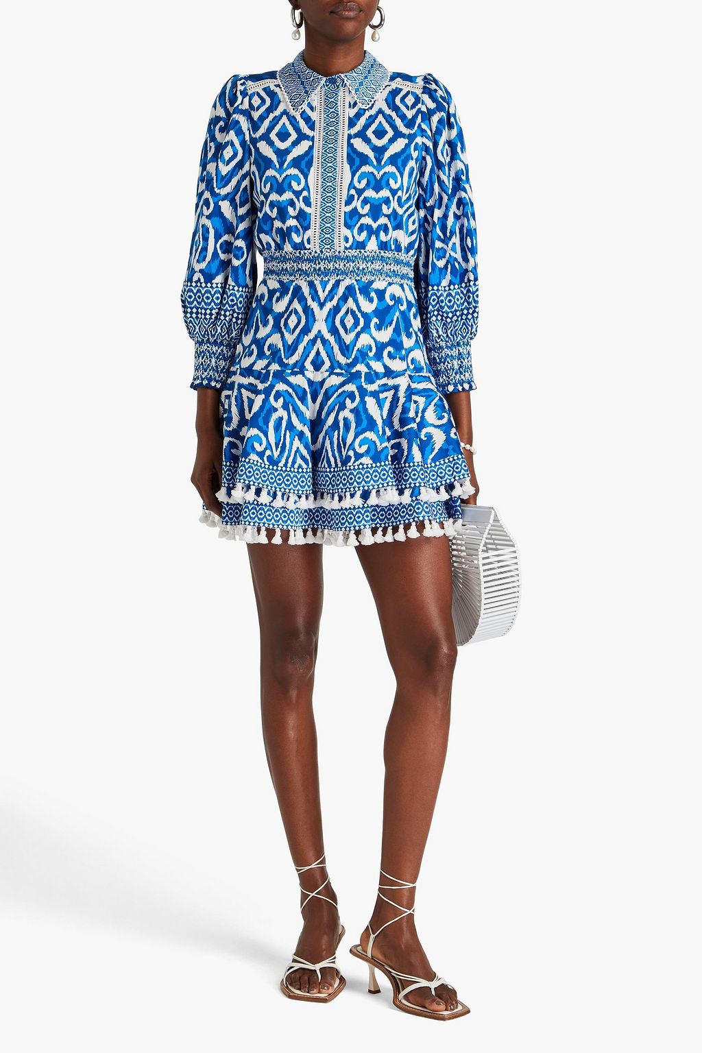 ALICE + OLIVIA فستان بأسلوب القميص قصير من القطن وبنسيج مطاط مزين بطبعات وبحواف من الدانتيل