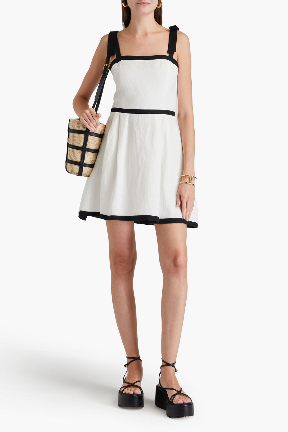 Shop Alice And Olivia Eloisa Bow-detailed Linen And Cupro-blend Mini Dress In Off-white
