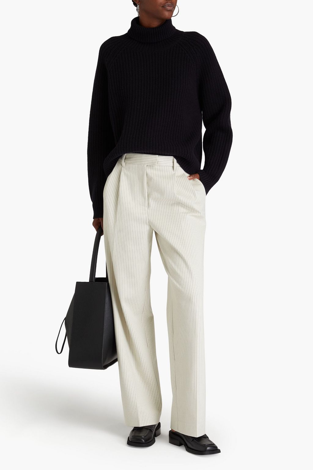 RAG & BONE 핀스트라이프 폰테 플리츠 와이드 레그 팬츠