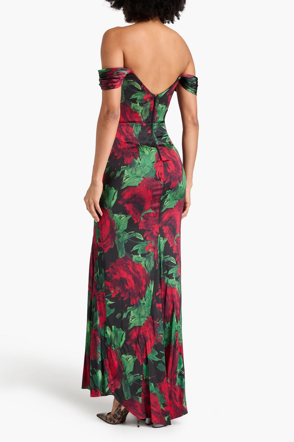 ALICE + OLIVIA فستان طويل من الساتان بنسيج مطاط مزين بطبعة الأزهار