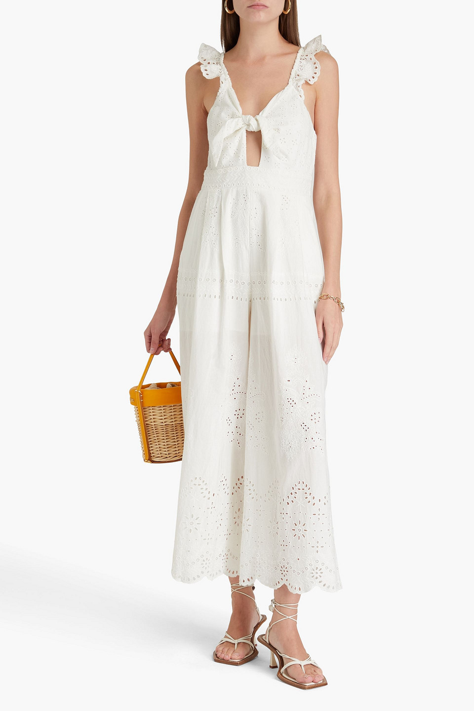  Alice Olivia - Rosina Cropped Jumpsuit Aus Baumwolle Mit Lochstickerei Und Knotendetail - Weiß - Us 2 