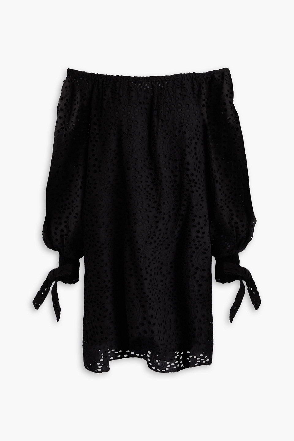 Alice And Olivia Off-the-shoulder Broderie Anglaise Cotton Mini Dress In Black