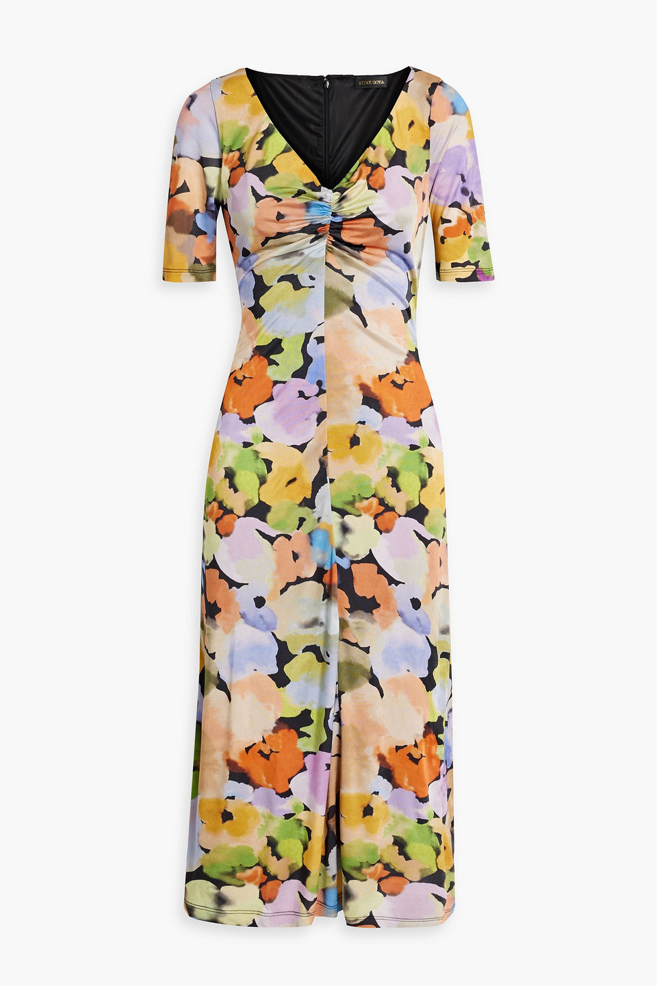 Stine Goya Jose Ruched Floral-print Satin-jersey Midi Dress In Bunt