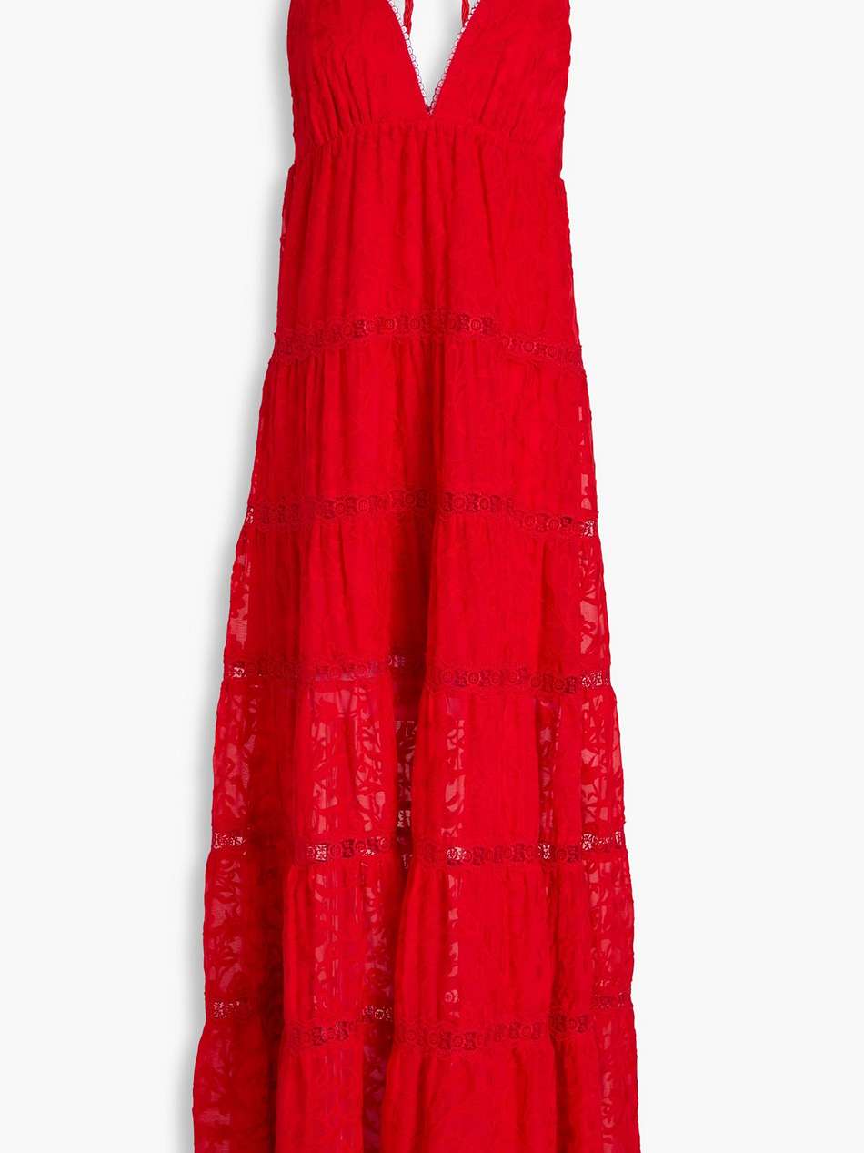 lace-trimmed embroidered crepon maxi halterneck dress