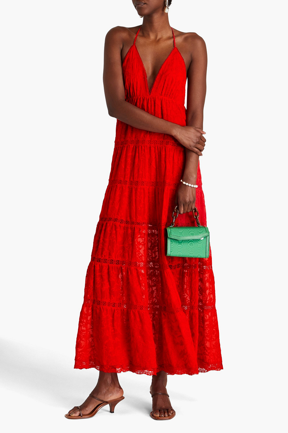Alice And Olivia Mae Halter Tiered Maxi Dress In Red