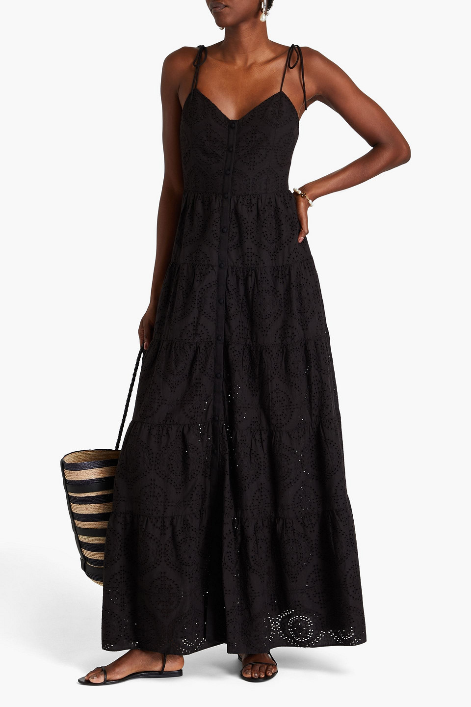 Alice And Olivia Broderie Anglaise Cotton Maxi Dress In Black
