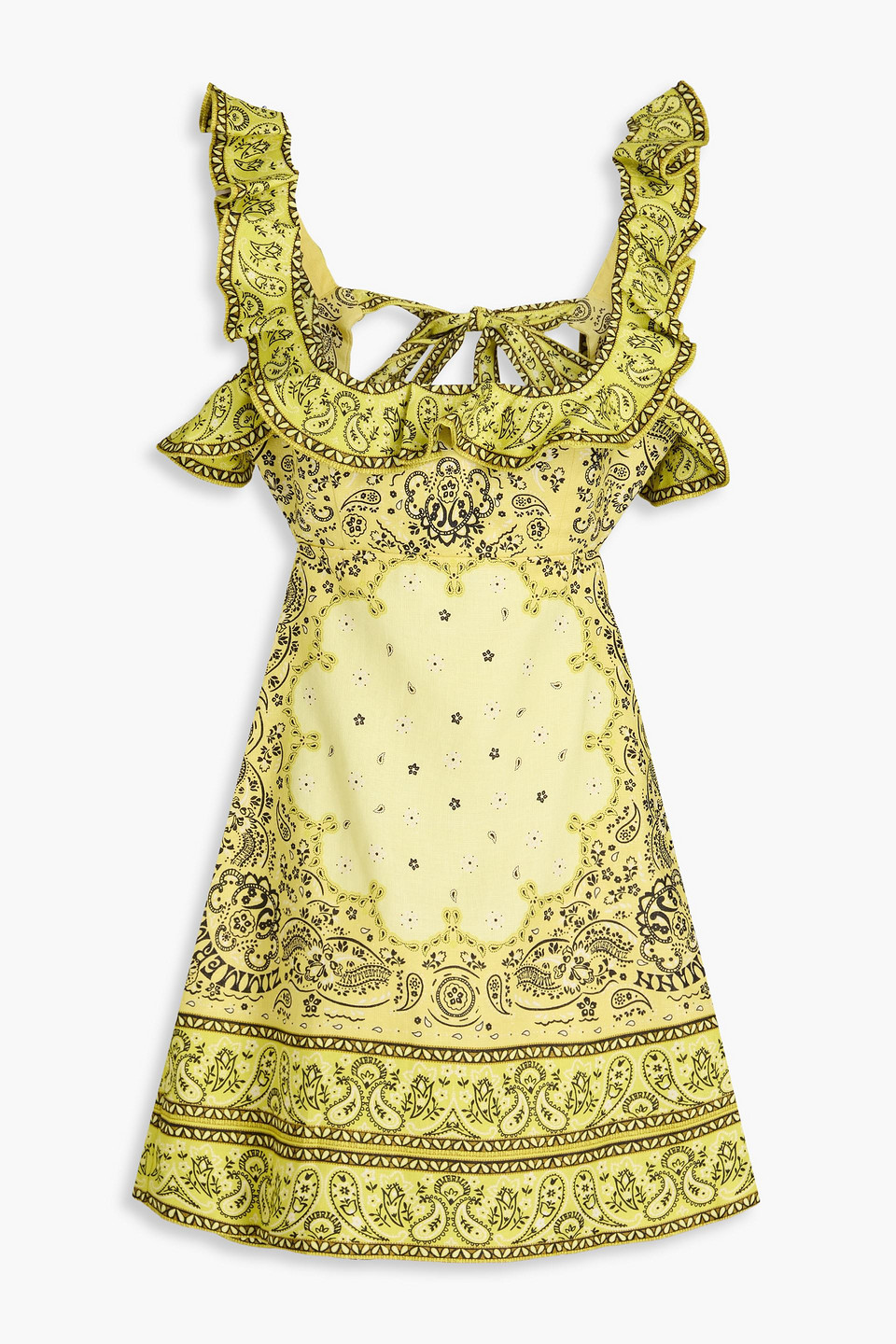 Zimmermann Matchmaker Cutout Ruffled Printed Linen Mini Dress In Yellow