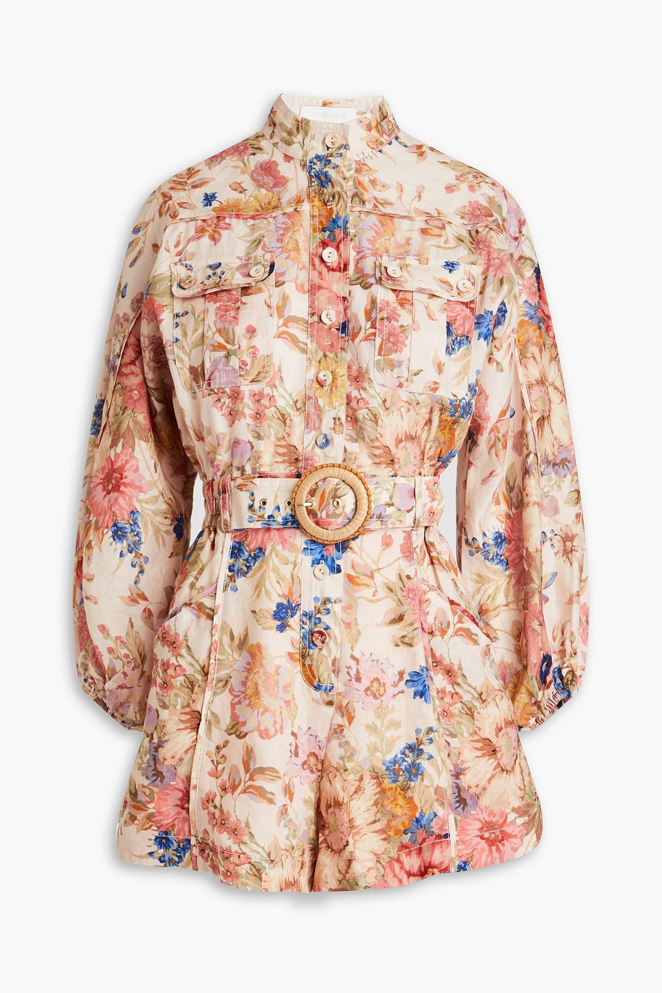 Zimmermann + Net Sustain August Belted Floral-print Linen Playsuit In Blush