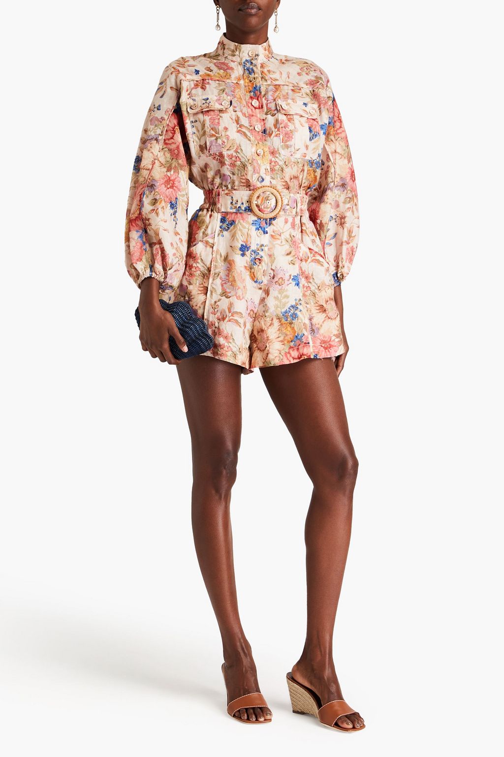 ZIMMERMANN Belted floral-print linen playsuit