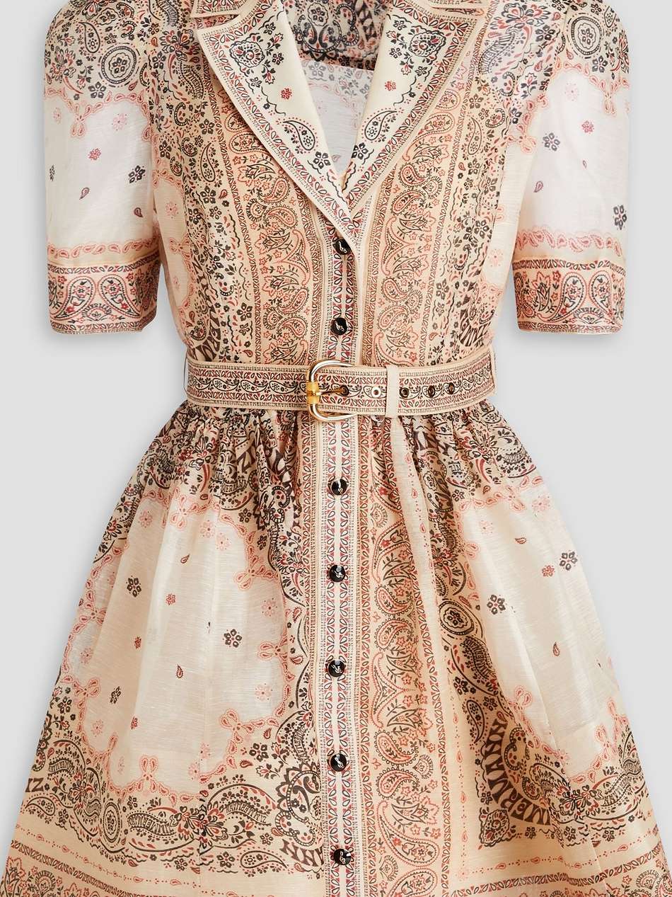 belted paisley-print linen and silk-blend mini dress