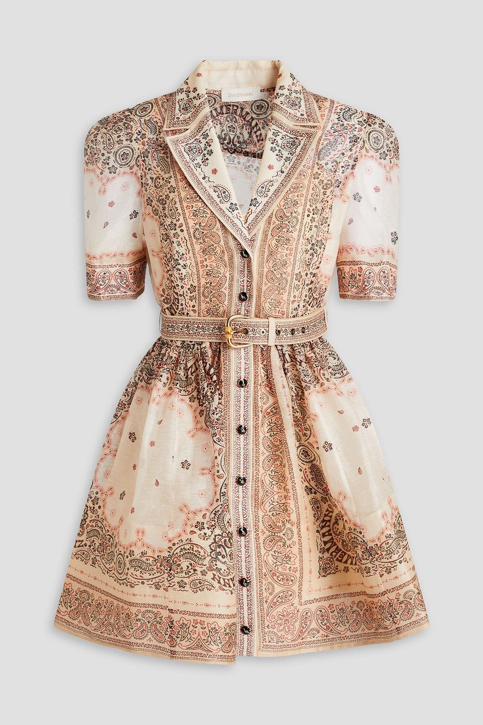 Shop Zimmermann Belted Paisley-print Linen And Silk-blend Mini Dress In Cream