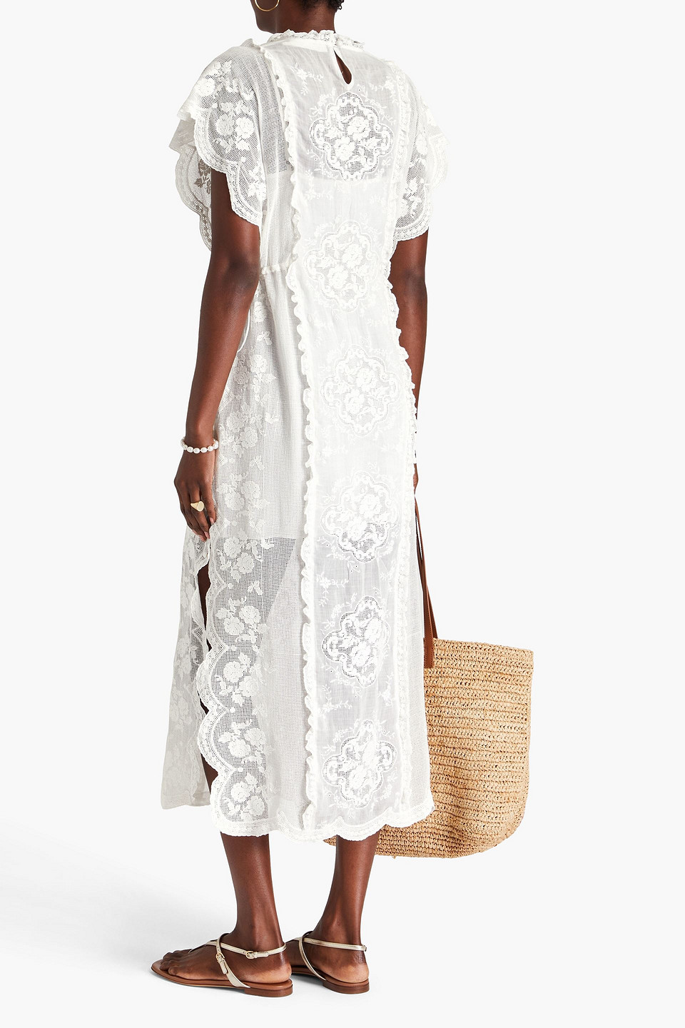 ZIMMERMANN RUFFLED CROCHETED LACE RAMIE MIDI DRESS