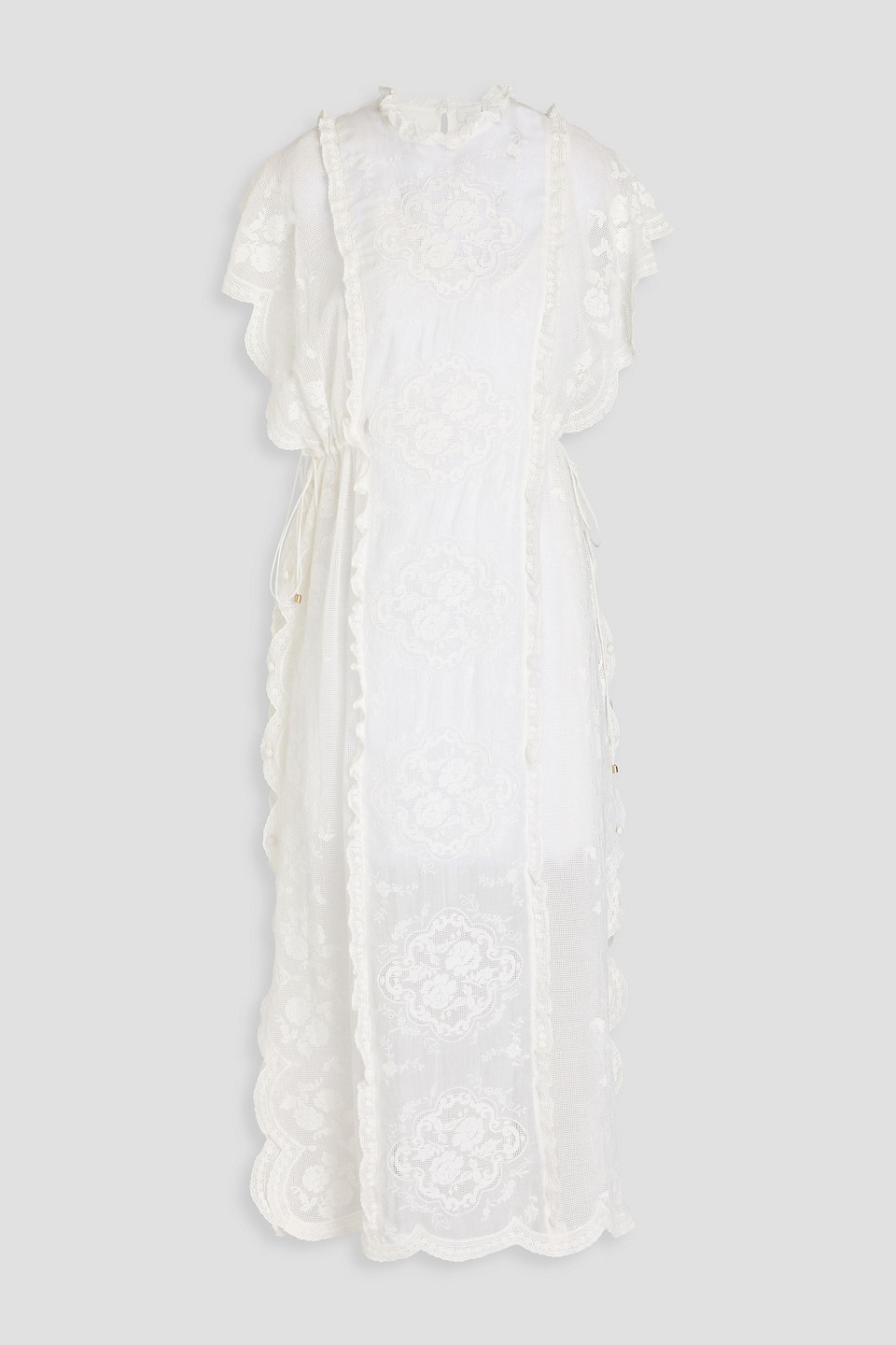 Zimmermann Ruffled Crocheted Lace Ramie Midi Dress In Ivory