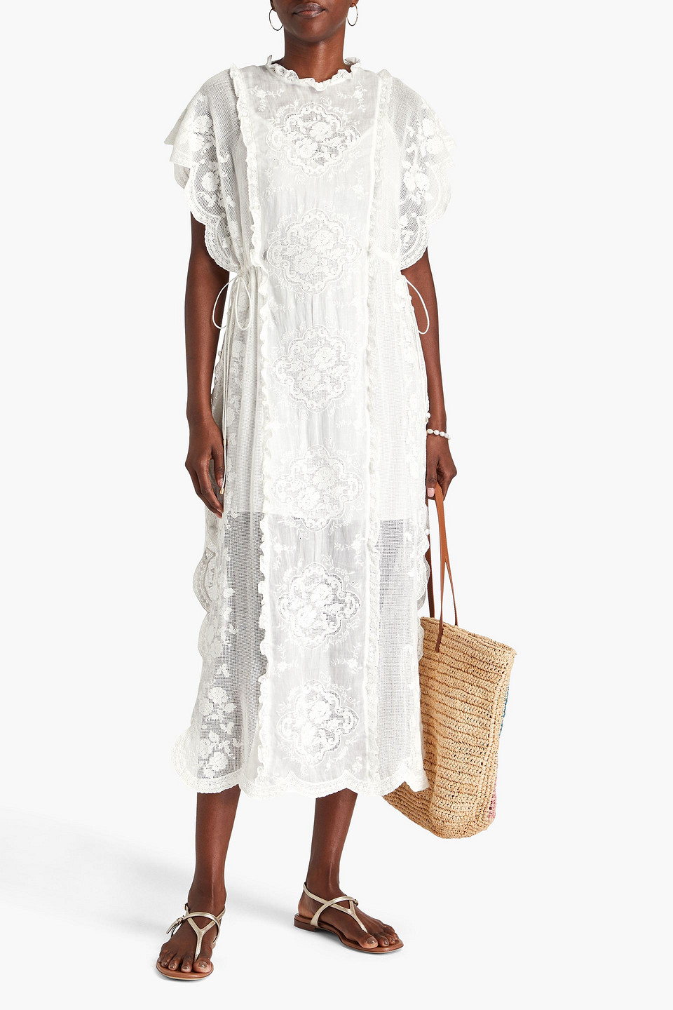 ZIMMERMANN RUFFLED CROCHETED LACE RAMIE MIDI DRESS