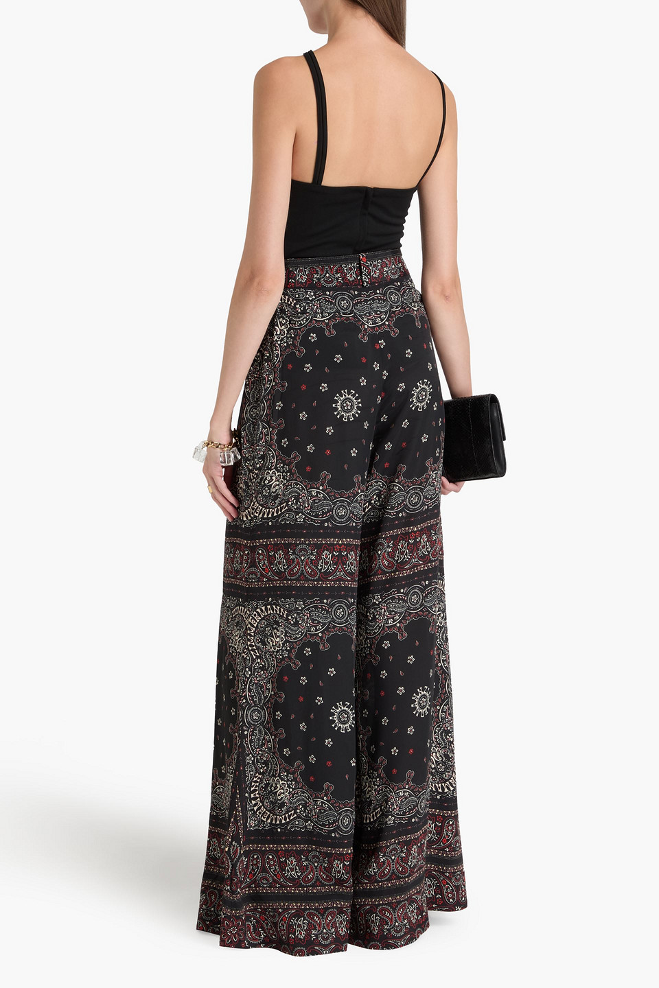 Zimmermann Belted Paisley-print Crepe De Chine Wide-leg Pants In Black