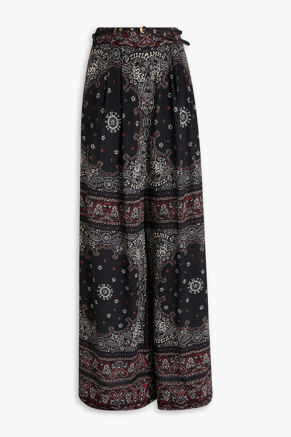 Zimmermann Belted Paisley-print Crepe De Chine Wide-leg Pants In Black