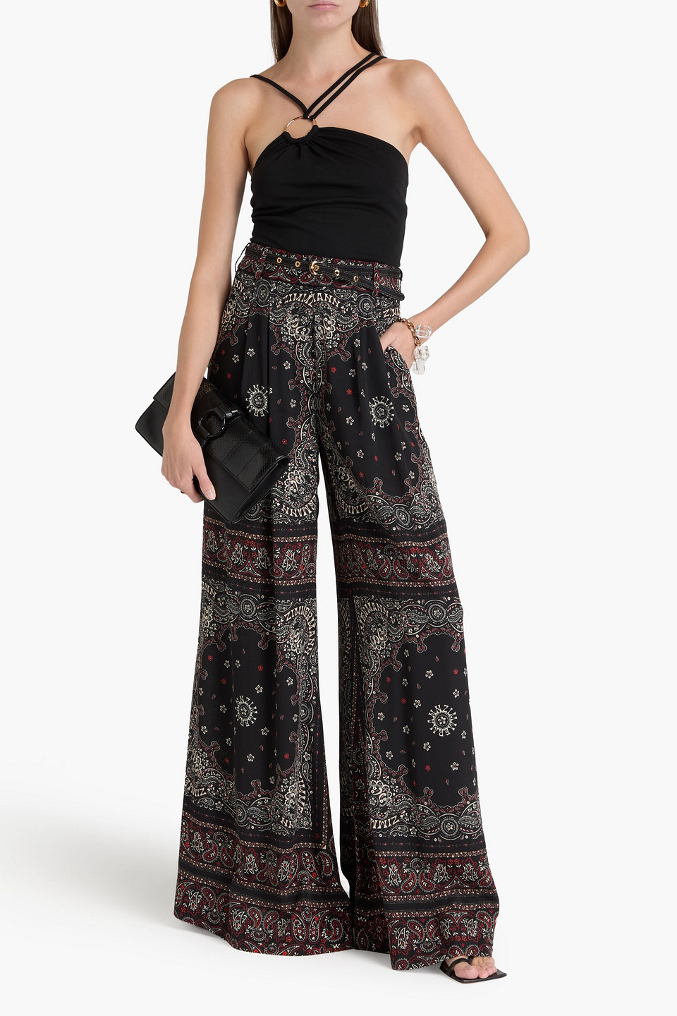 Zimmermann Belted Paisley-print Crepe De Chine Wide-leg Pants In Black