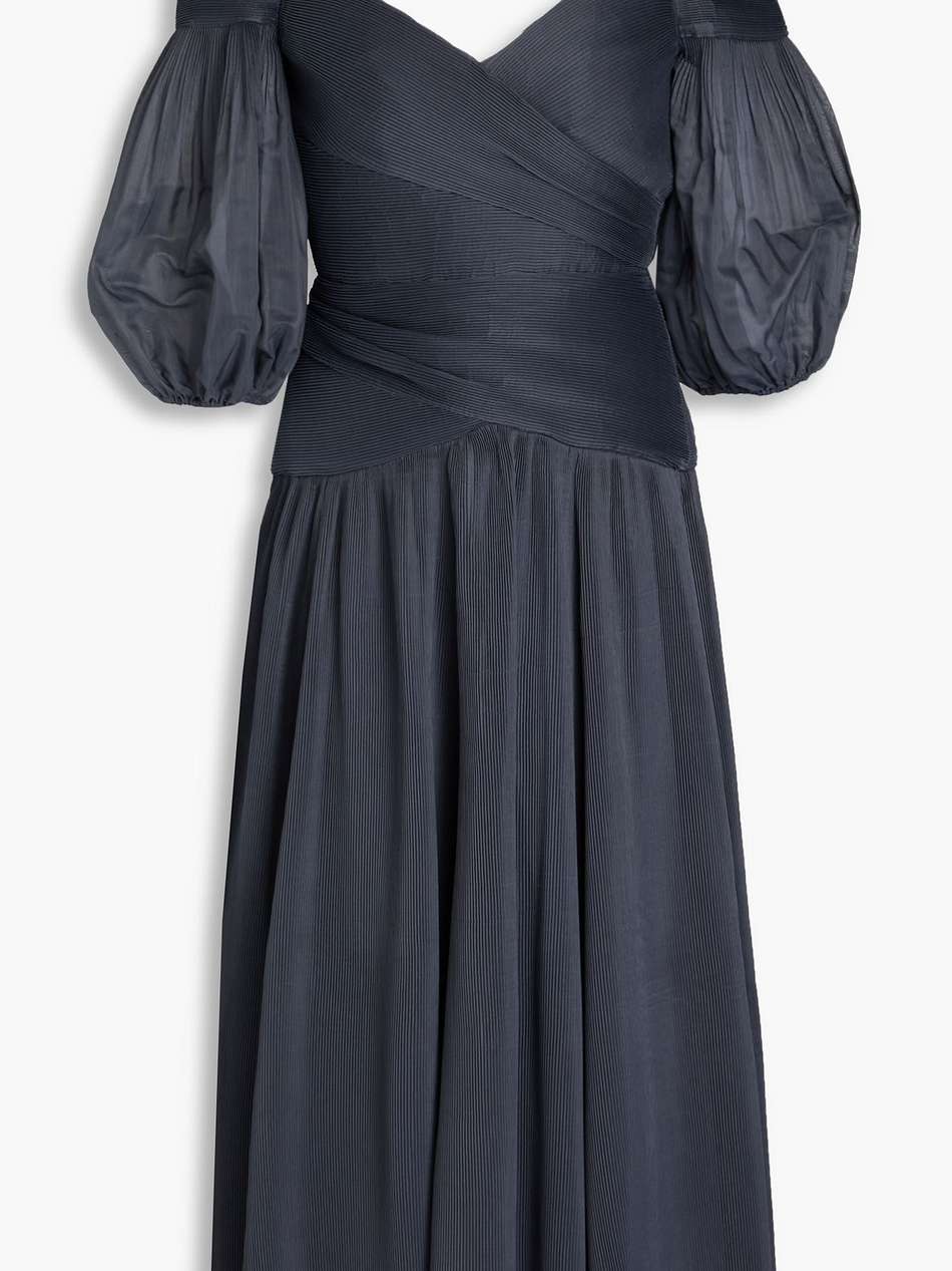 cold-shoulder plissé-organza midi dress