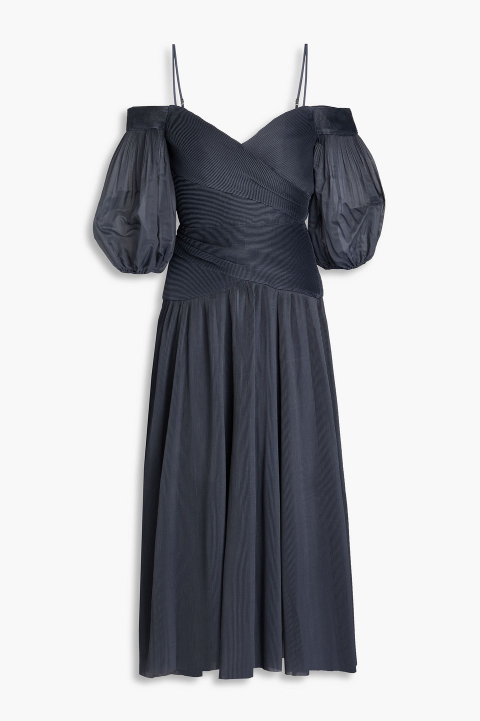 Zimmermann Black Off-shoulder Pleated Midi Dress In Navy