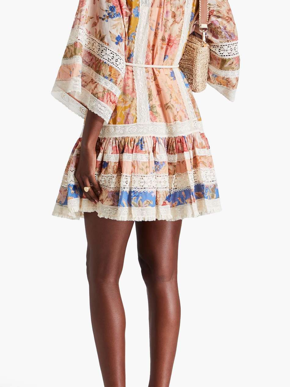 crochet-trimmed floral-print cotton mini dress