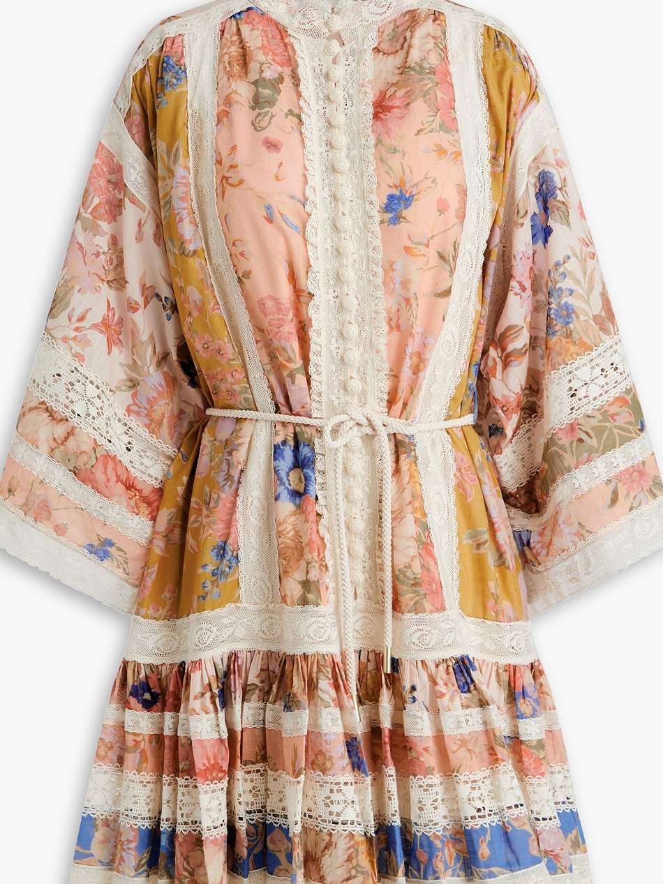 crochet-trimmed floral-print cotton mini dress