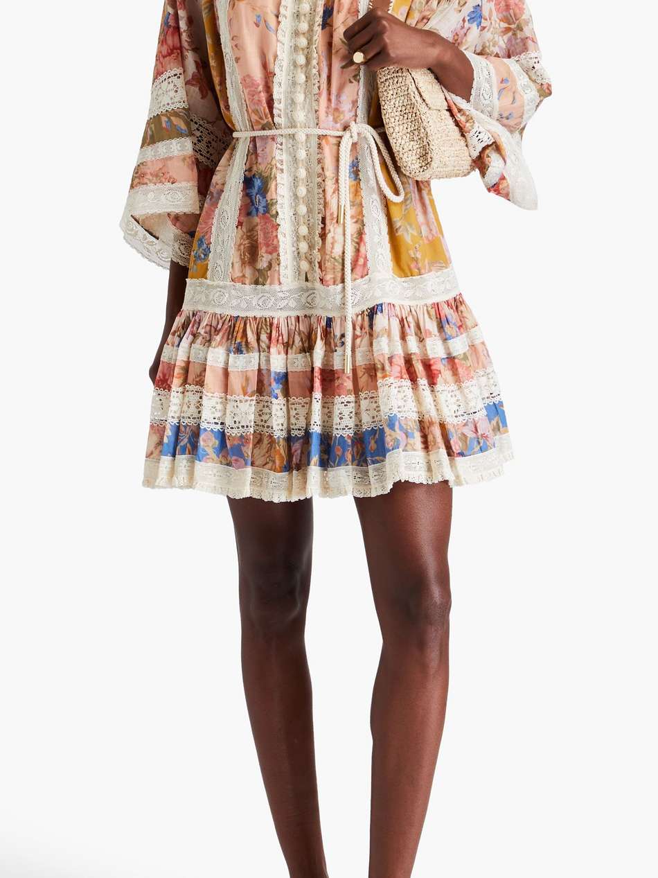 crochet-trimmed floral-print cotton mini dress