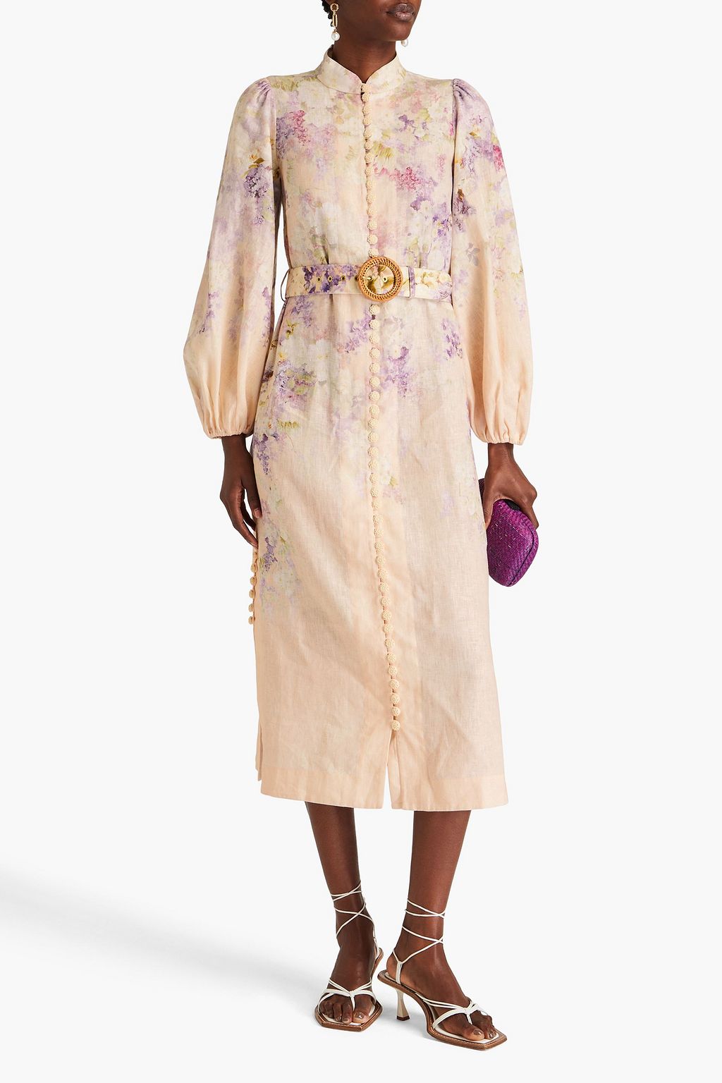 ZIMMERMANN Belted floral-print linen midi shirt dress