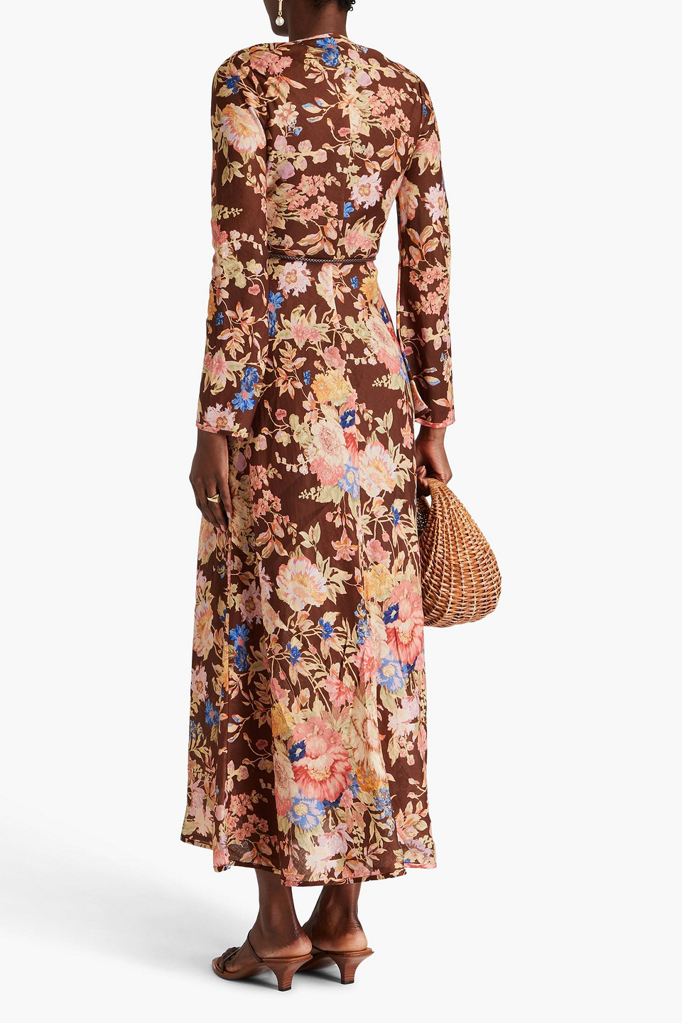 Zimmermann + Net Sustain August Belted Floral-print Linen Maxi Dress In Chocolate