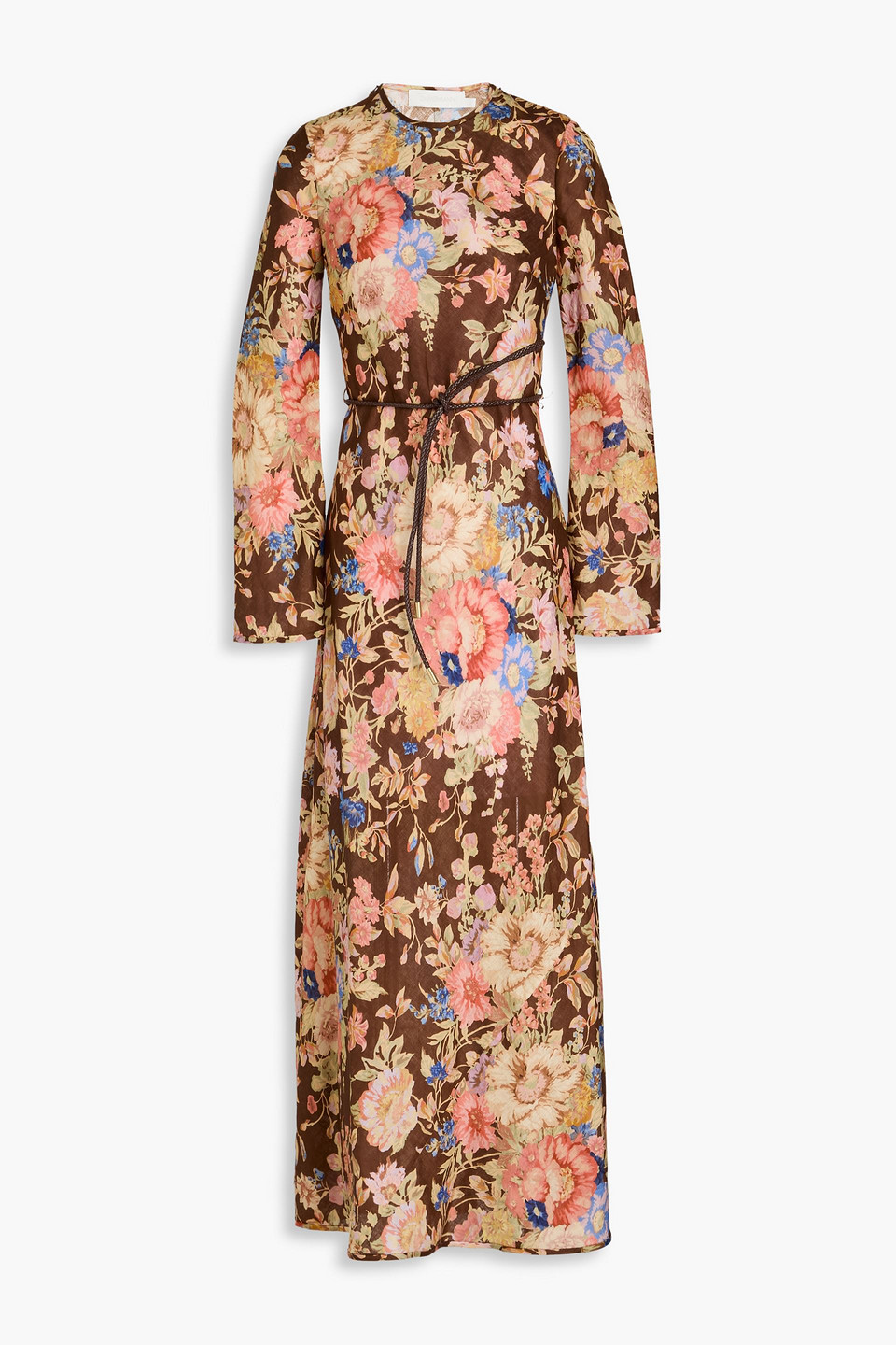 Zimmermann + Net Sustain August Belted Floral-print Linen Maxi Dress In Chocolate