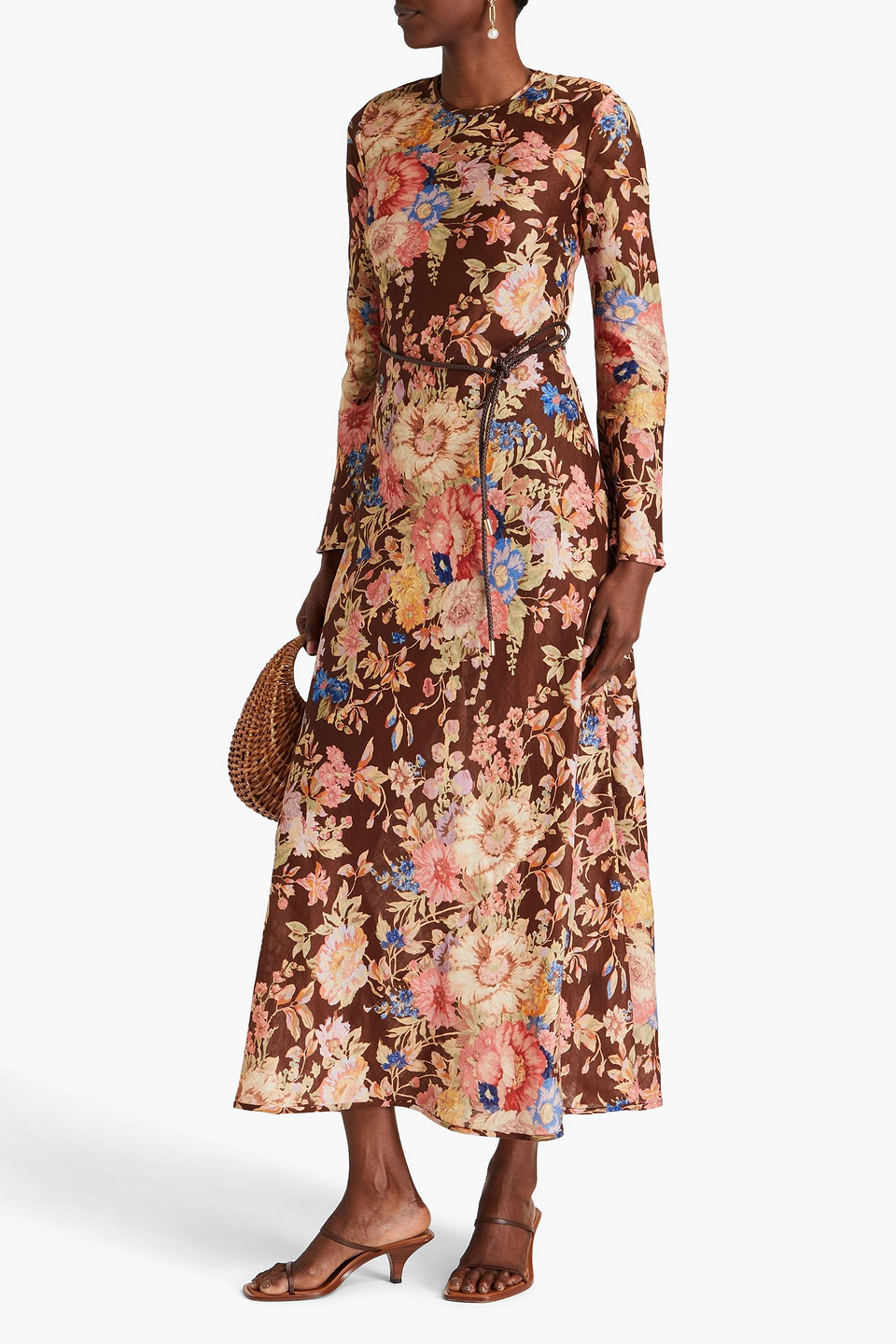Zimmermann + Net Sustain August Belted Floral-print Linen Maxi Dress In Chocolate