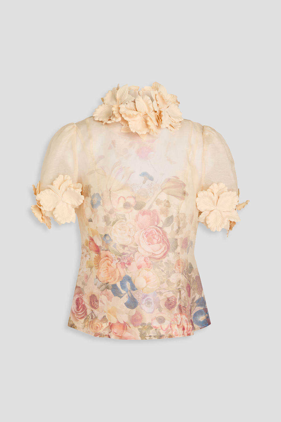 Zimmermann Appliquéd Floral-print Linen And Silk-blend Top In Cream