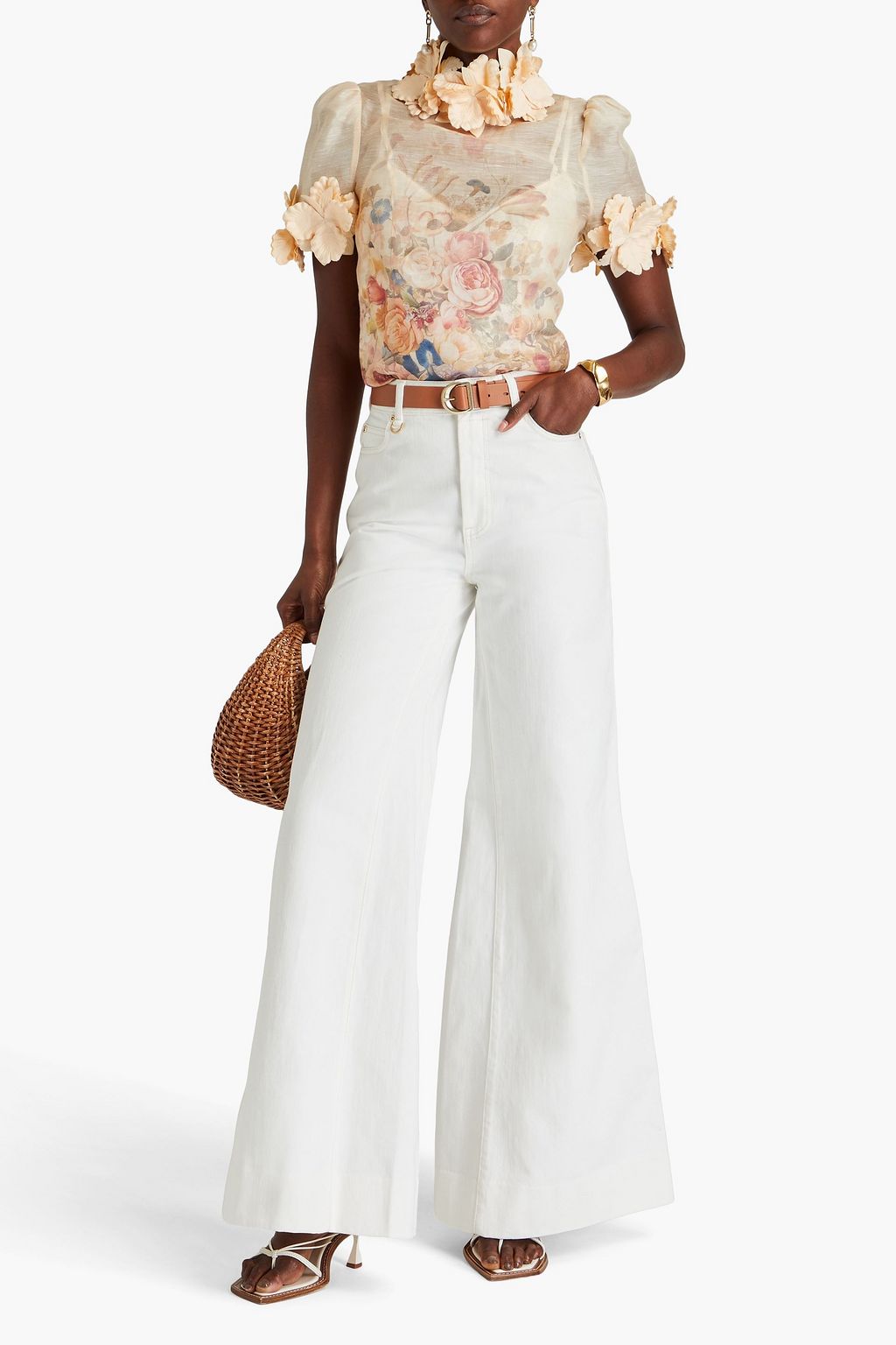 ZIMMERMANN Appliquéd floral-print linen and silk-blend top
