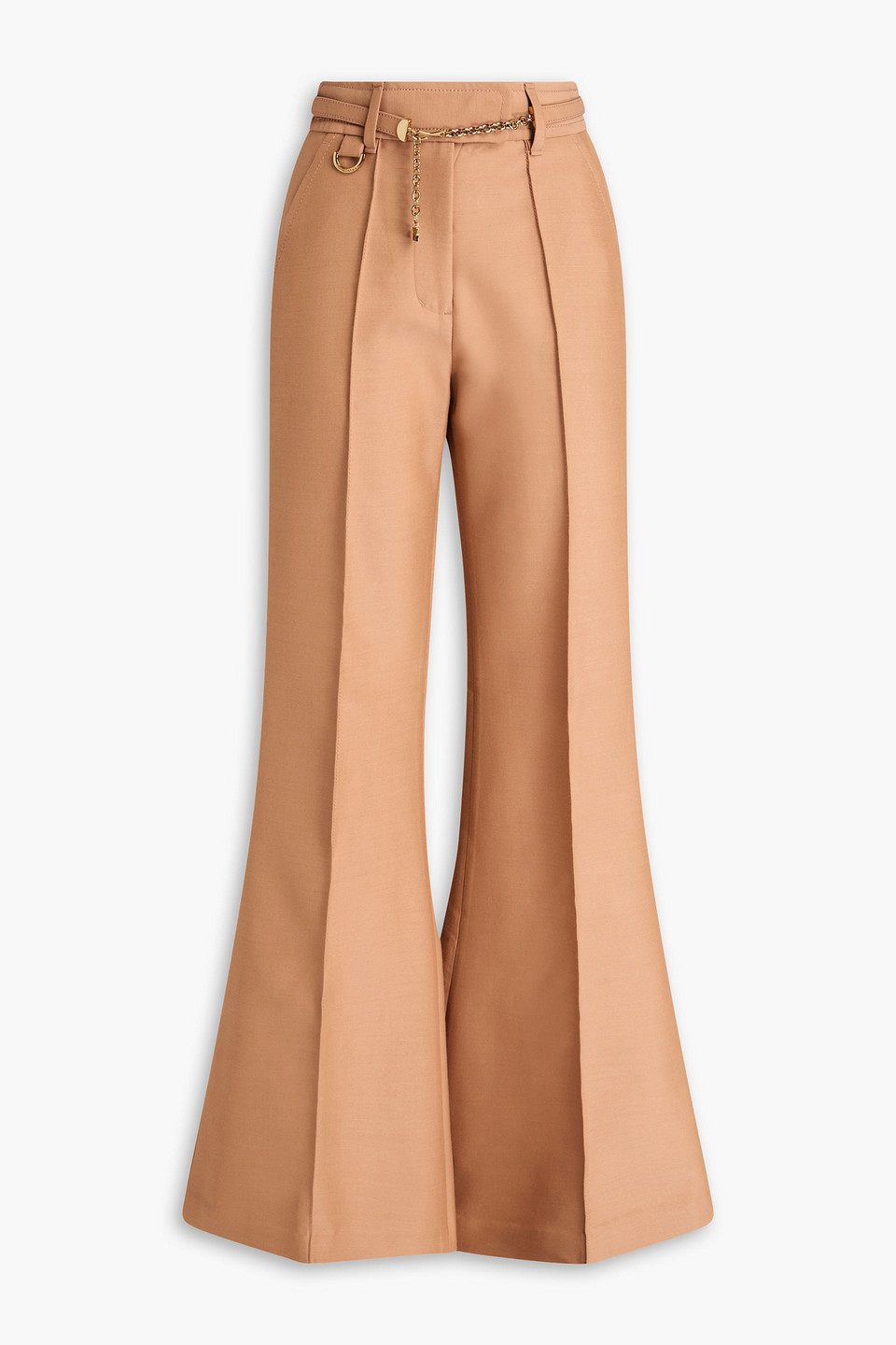 Zimmermann Belted Grain De Poudre Wool-blend Flared Pants In Camel
