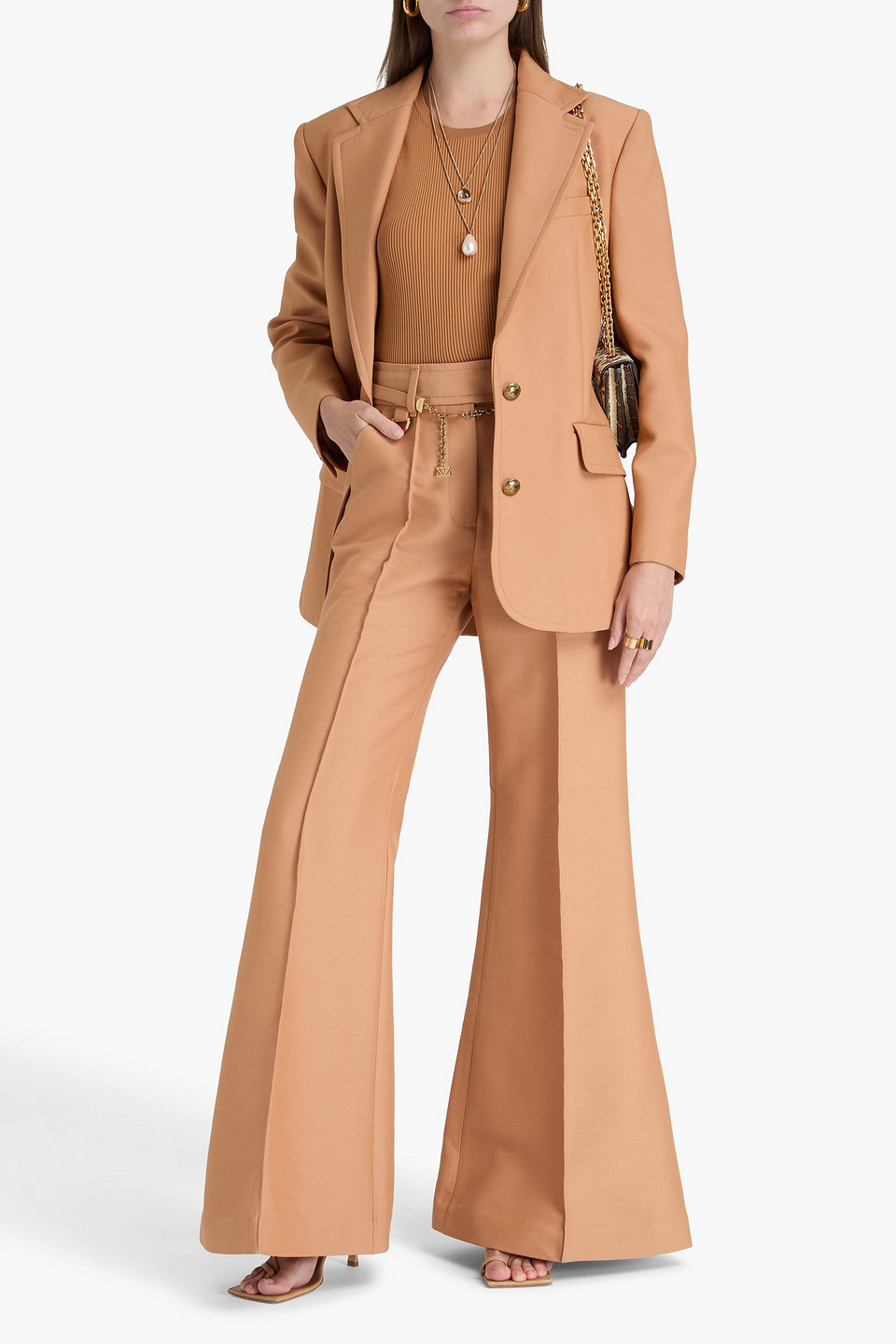 Zimmermann Belted Grain De Poudre Wool-blend Flared Pants In Camel