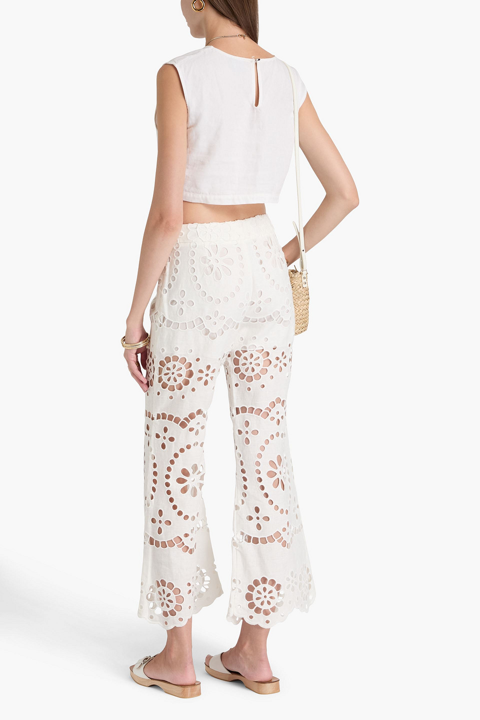 Zimmermann Carnaby Scallop Broderie Anglaise Linen Flared Pants In White