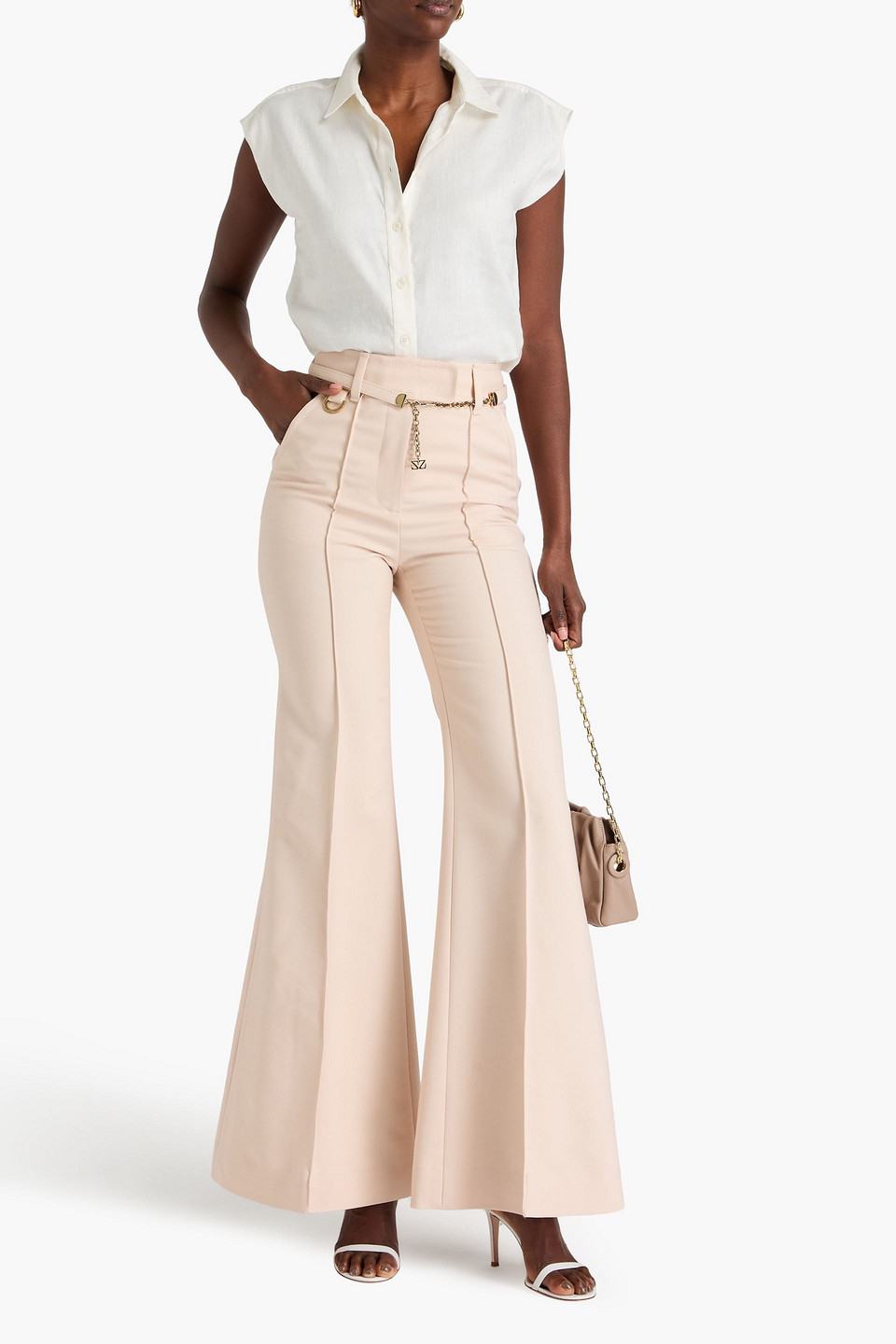 Zimmermann Belted Grain De Poudre Wool-blend Flared Pants In Cream